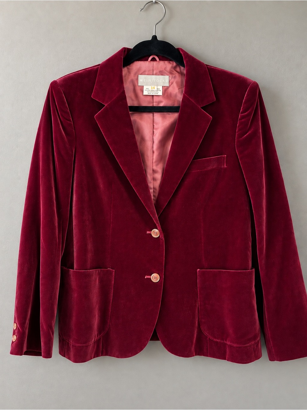 Weinstocks Berry Velvet Blazer Size 14 100% Cotton Made In Japan Dark Academia